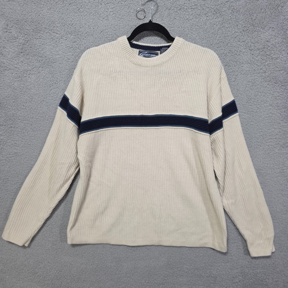 Point Zero Sweater Vintage Men's Large Blue Striped Cream Knit Long Sleeve Y2K